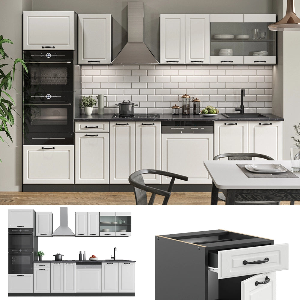 Vicco Cucina componibile Bianco casa di campagna/antracite 300 cm con armadio alto, PL Marmo