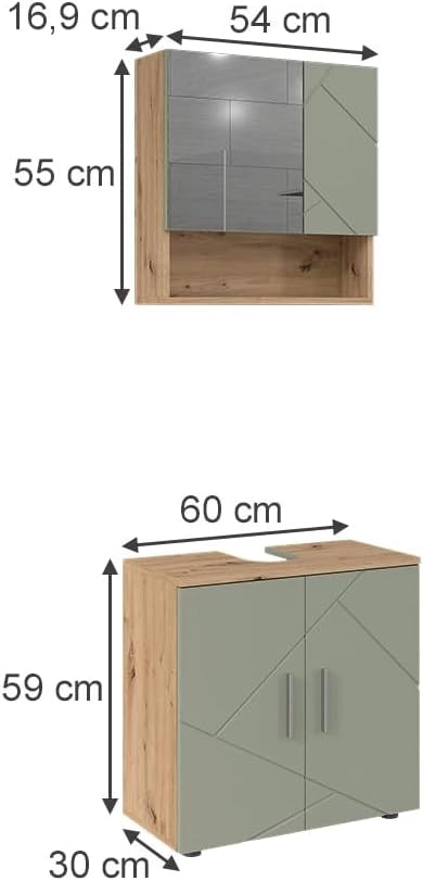 Set di mobili da bagno Irma, Verde salvia, 60 cm, composto da specchio da bagno e mobile sottolavabo