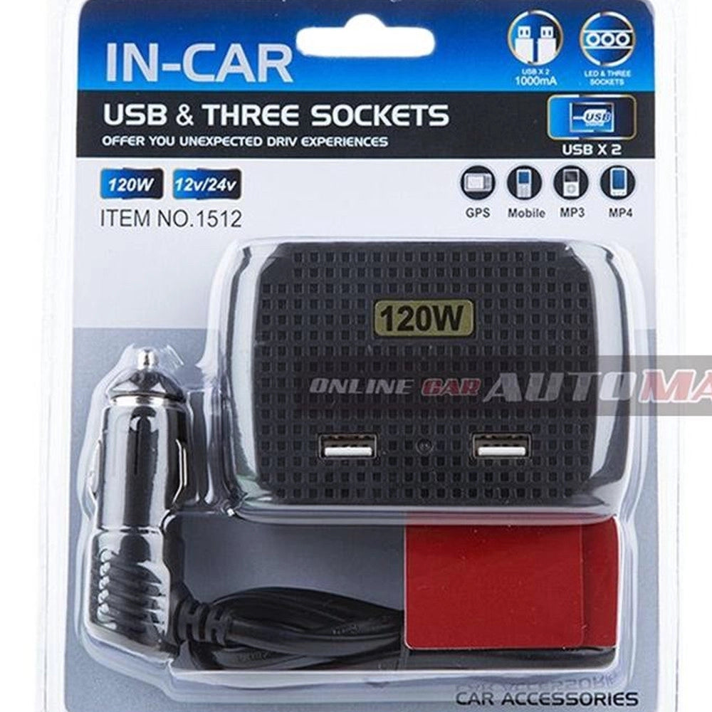 Trade Shop - Sdoppiatore Adattatore 3 Accendisigari Triplo + 2 Usb 120w Auto Camper Barca Multicaricatore -