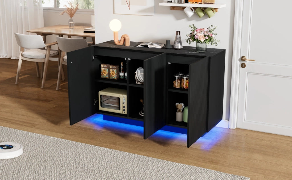Credenza moderna 120 cm con LED Bluetooth, finitura nera effetto marmo, 3 ante e 6 scomparti