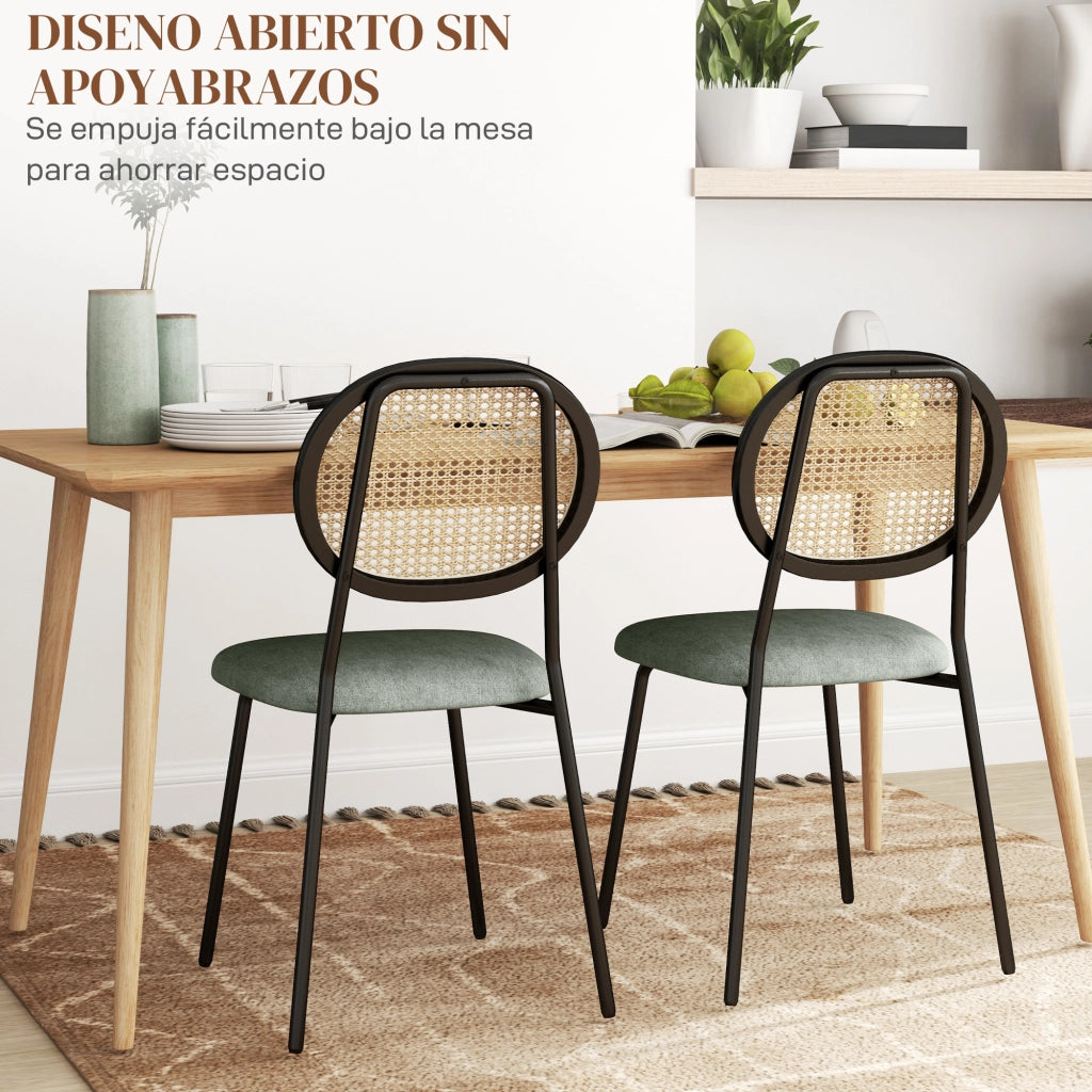 Set 2 Sedie da Pranzo con Schienale in Rattan Sintetico e Struttura in Metallo ¨C Xylo ¨C Verde Scuro e Nero
