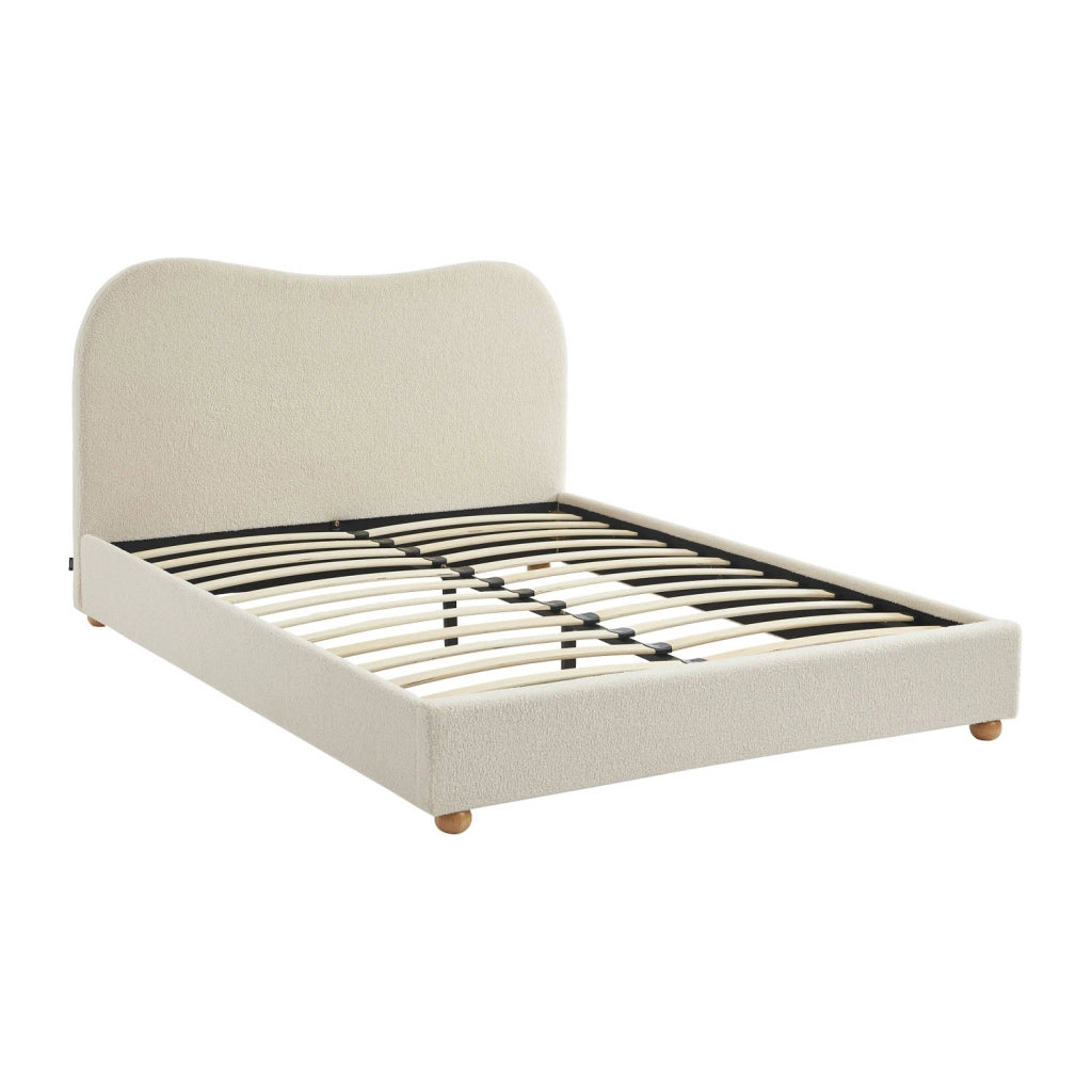 Letto con rete a doghe e testiera, bianco con finitura bouclé, bianco