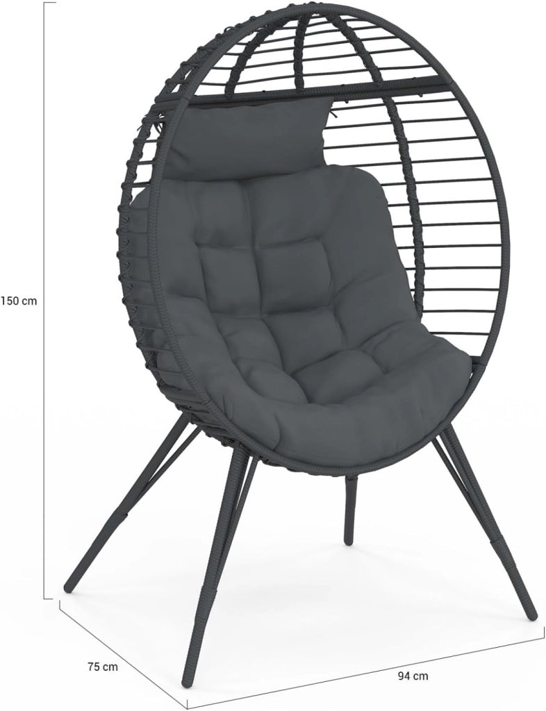 Poltrona Egg con Base Traforata Effetto Rattan Grigio e Cuscino Grigio