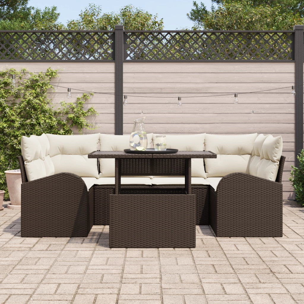 Set Divano da Giardino 7 Pezzi con Cuscini Marrone Polyrattan