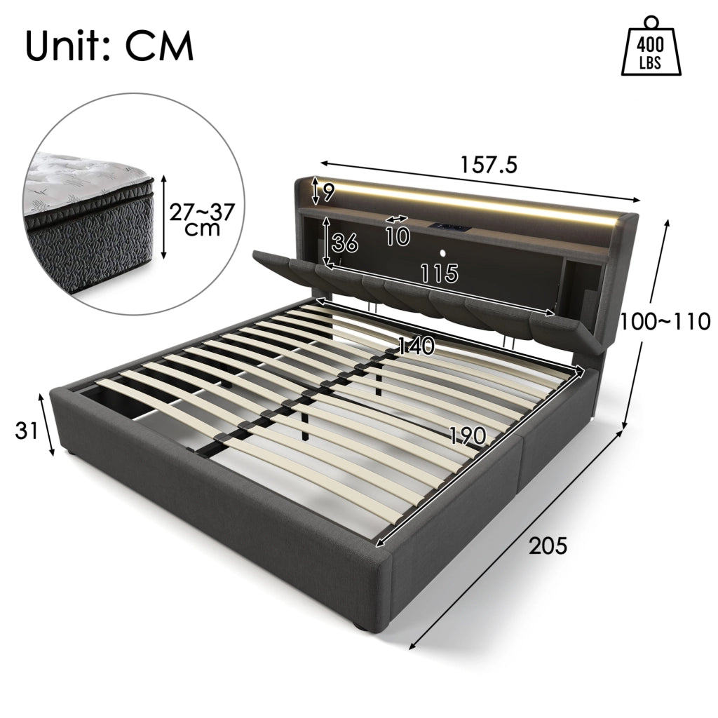 Letto matrimoniale imbottito 140x190 cm grigio in lino con testiera contenitore; prese USB e LED RGBW