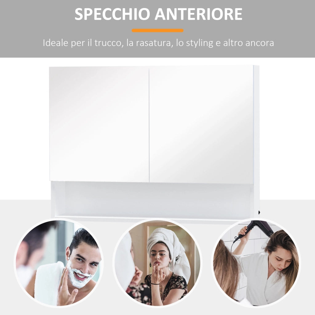 Mobiletto Specchiera da Bagno 2 Ante 1 Ripiano 80x15x60 cm con Luce LED Bianco