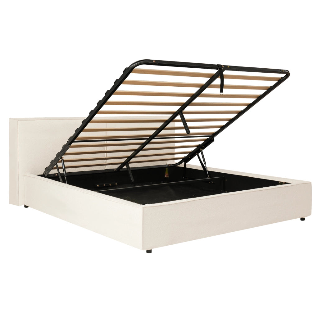 Letto matrimoniale 180x200 cm in Bouclé bianco con contenitore idraulico, rete a doghe e testiera imbottita