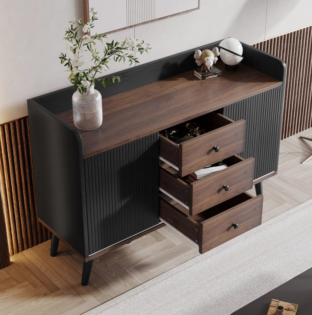 Credenza 117,5x40x80 cm con 3 cassetti in MDF e truciolare nera e color legno