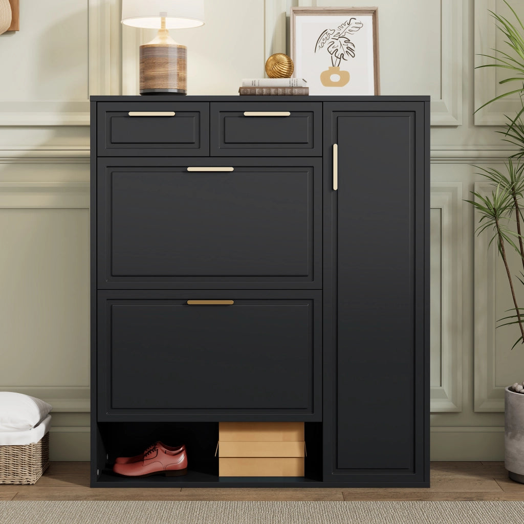 Mobile portascarpe nero con ripiani regolabili, cassetti e vani aperti, struttura in truciolare e MDF, 95x24x107 cm
