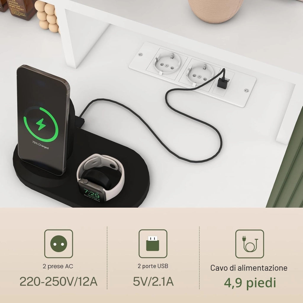 FIONESO Postazione Trucco con 10 Luci LED, 3 Colori Regolabili, 3 Specchietti Ripiegabili, Toeletta Trucco con 2 USB e 2 Prese, 3 Cassetti e 2 Armadi, Bianco