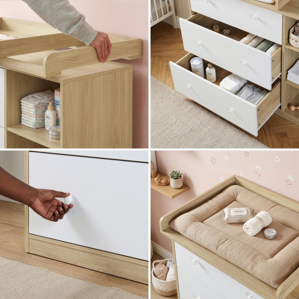 Cassettiera Beldinupp con Piano Fasciatoio Rimovibile 93 x 110 x 55 cm - Effetto Rovere / Bianco [en.casa]