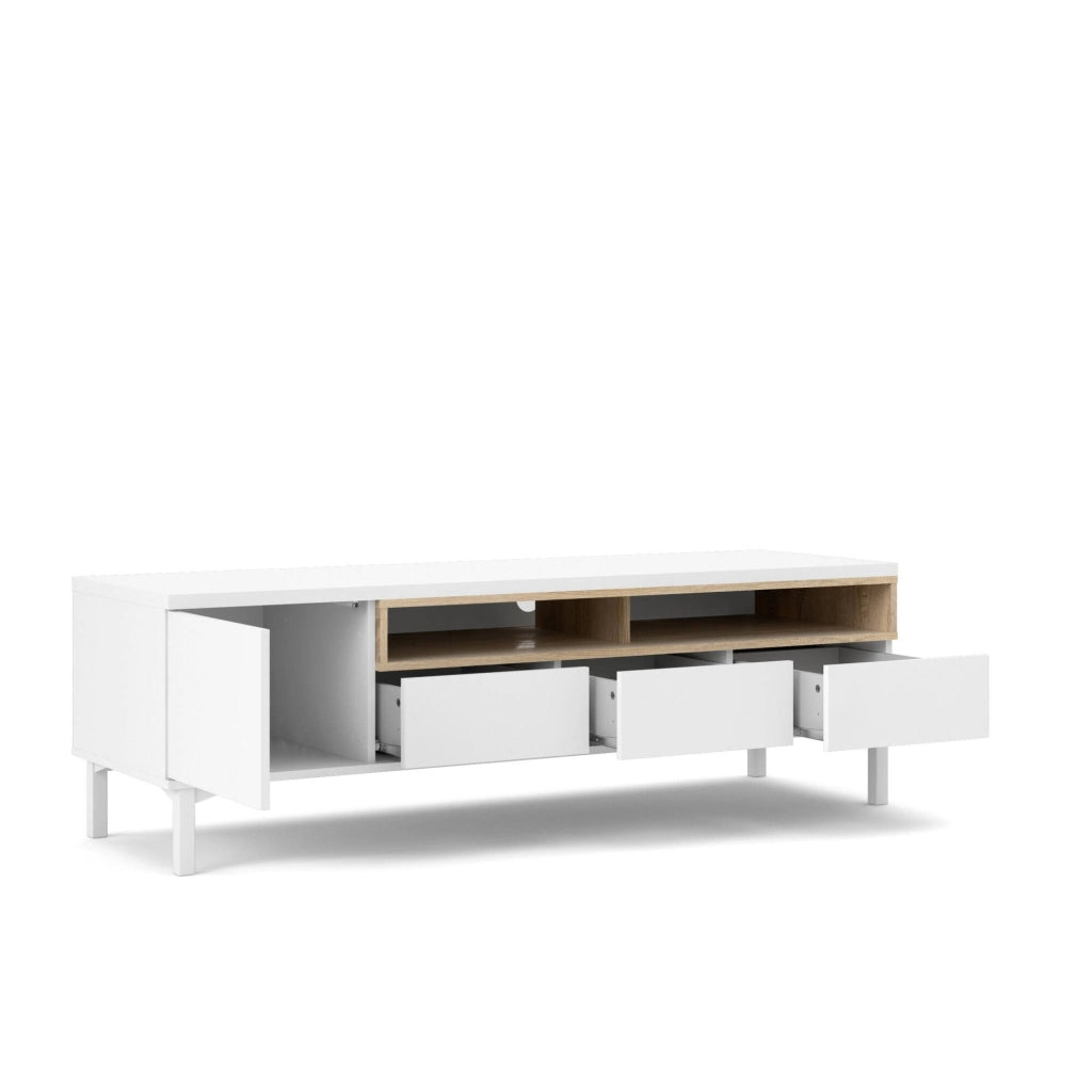 Mobile porta TV Rosata, Credenza da soggiorno, Armadio basso per TV, Base parete attrezzata, 156x48 h48 cm, Bianco e Quercia