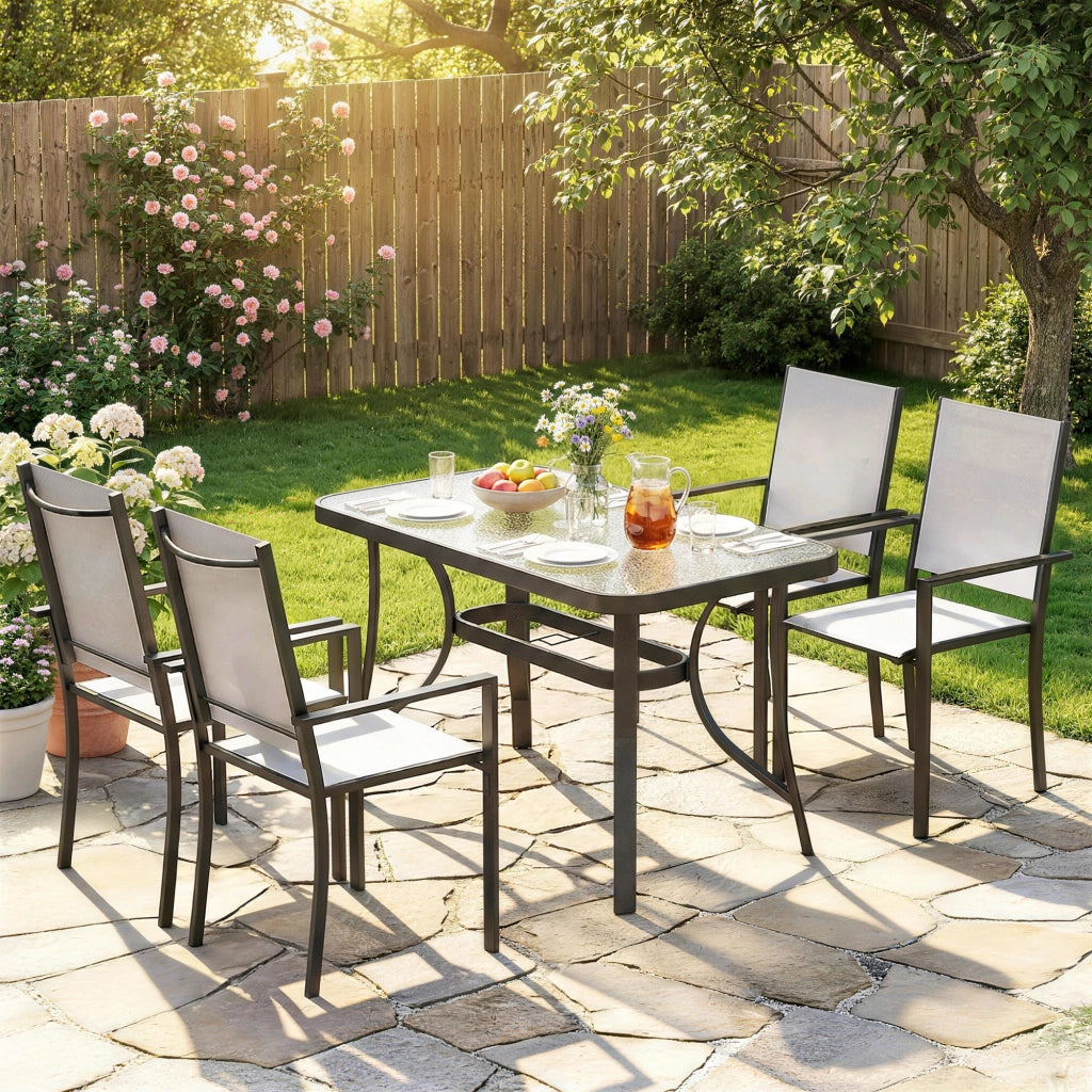 Set da Giardino 5 Pezzi con Sedie Impilabili e Tavolo in Vetro ¨C zephmum ¨C Grigio Chiaro
