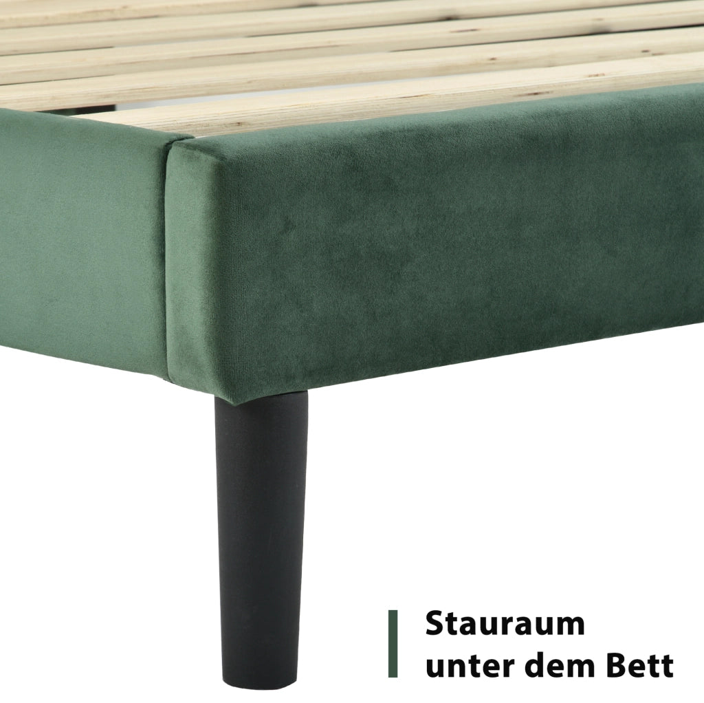 Letto imbottito 140x200 cm con materasso ortopedico a 7 zone; velluto verde scuro