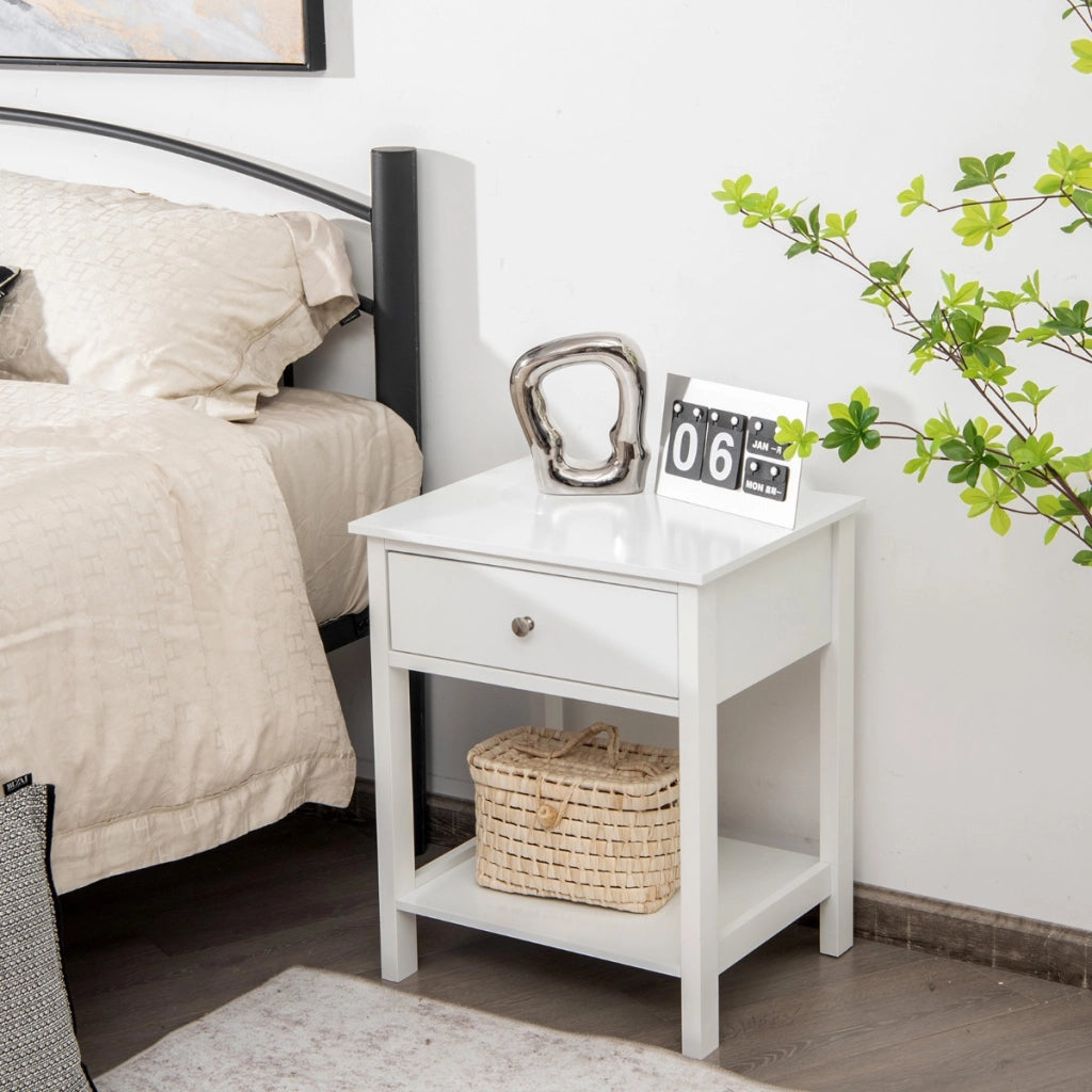 Set 2 comodini moderni con cassetto e mensola-Tavolini con 2 livelli per salone camera da letto corridoio Bianco