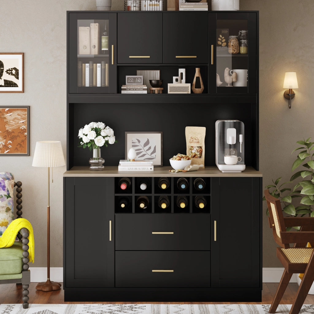 Credenza alta 120x36,3x180 cm in MDF nero con LED, prese USB, 6 ante e 2 cassetti