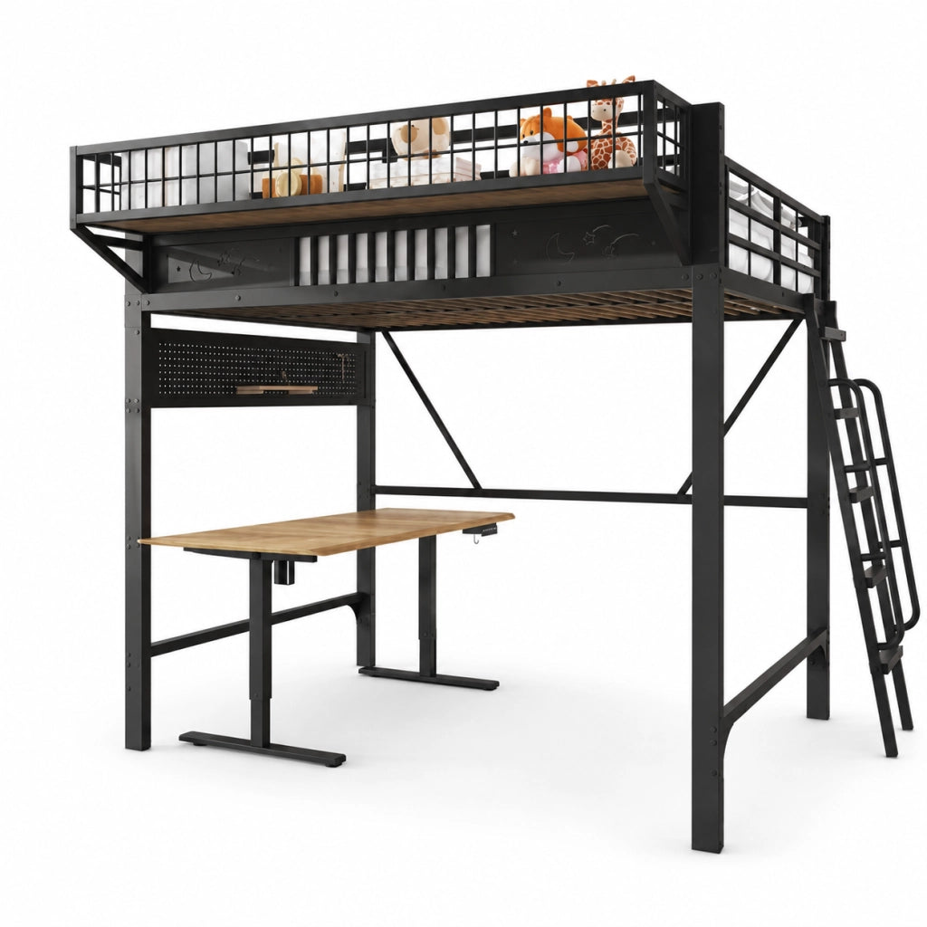 Letto a soppalco per bambini 140x200 cm; in metallo con vani portaoggetti integrati e spazio inferiore aperto; nero