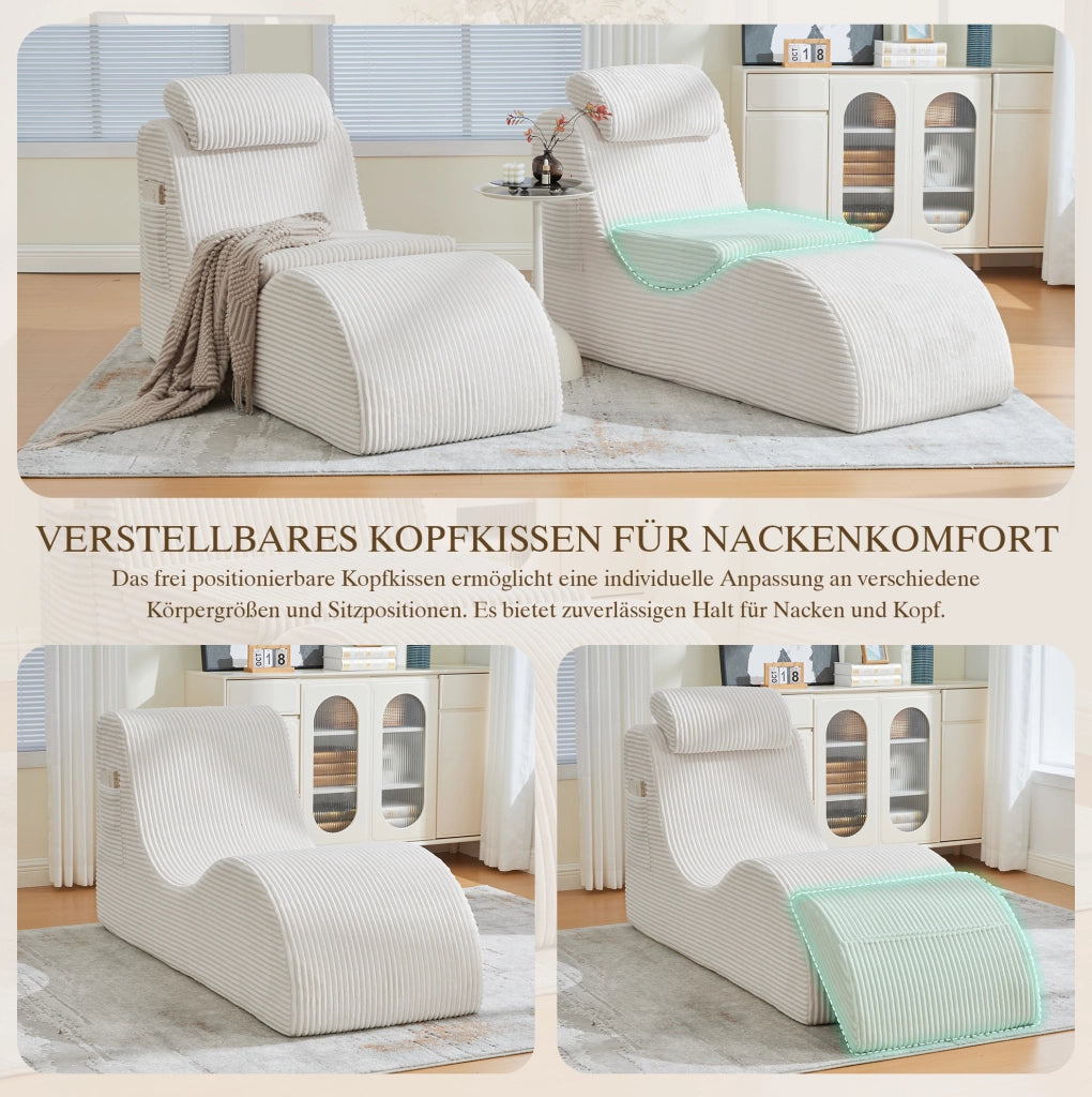 Poltrona singola moderna in velluto a coste beige 160x66x90 cm con cuscino removibile