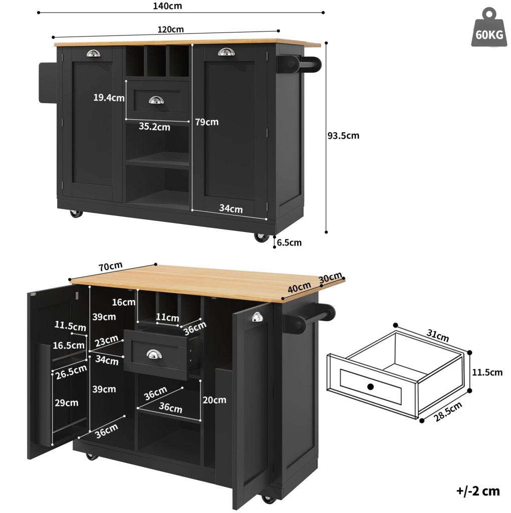 Carrello da cucina 140x40x93.5 cm con piano richiudibile e ruote in MDF nero