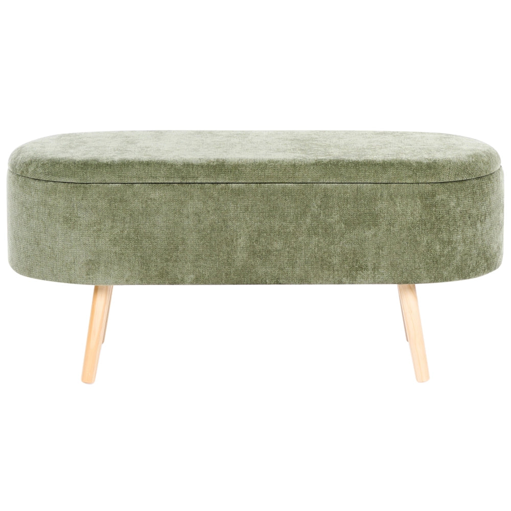 Panca in tessuto cinigliato verde con gambe in legno di pino e contenitore per camera da letto, soggiorno e accessori
