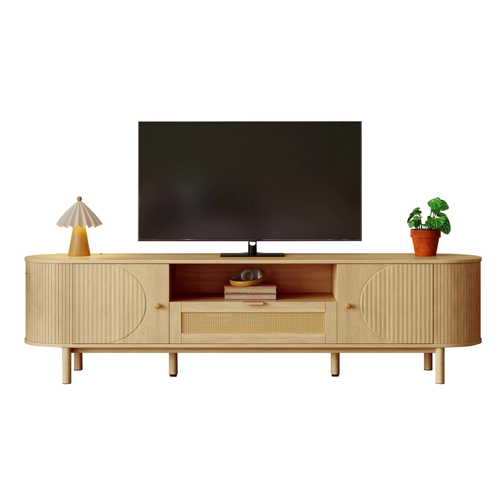 OKWISH Mobile TV con 2 Ante, 1 Cassetto e Vani Aperti, Passacavi, Stile Naturale per Soggiorno, MDF, 175 × 36 × 51 cm