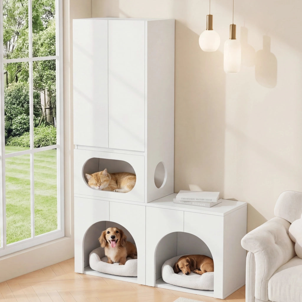 Mobile coperto per lettiera per gatti con 2 vani toilette, zona riposo e armadio, bianco, 140 × 45 × 195 cm