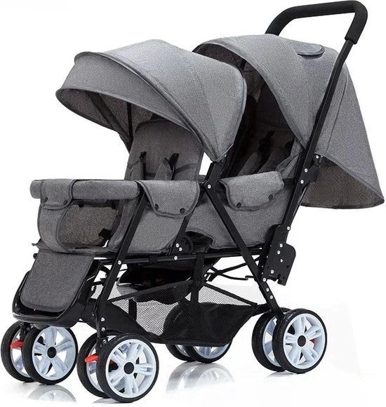 Carrello per Bambini Gemelli - Buggy per Bambini Gemelli - Due Posti - Riutilizzabile - Multiangolazioni - Misura 72 x 42 x 97 cm - Color Grigio.