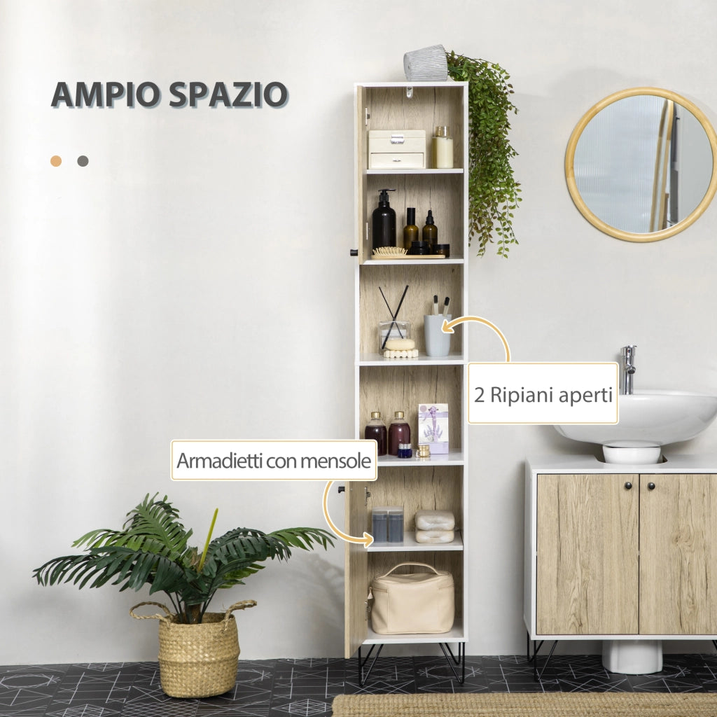 Colonna Bagno con Ripiani e Armadietti in Truciolato ¨C Zephmum ¨C Bianco e Legno, 31.5x30x169 cm