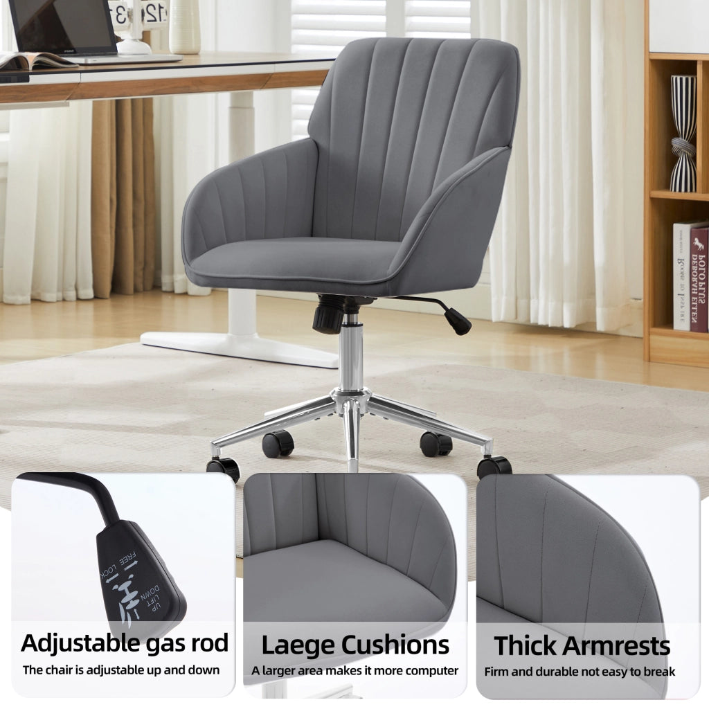 Sedia da ufficio girevole in velluto con altezza regolabile, schienale ergonomico e ruote, per casa e camera da letto, grigio