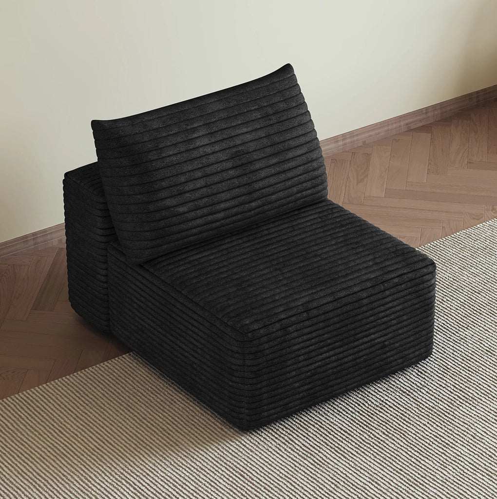 Divano modulare con chaise longue in tessuto nero, stile compatto salvaspazio