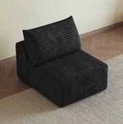 Divano modulare con chaise longue in tessuto nero, stile compatto salvaspazio