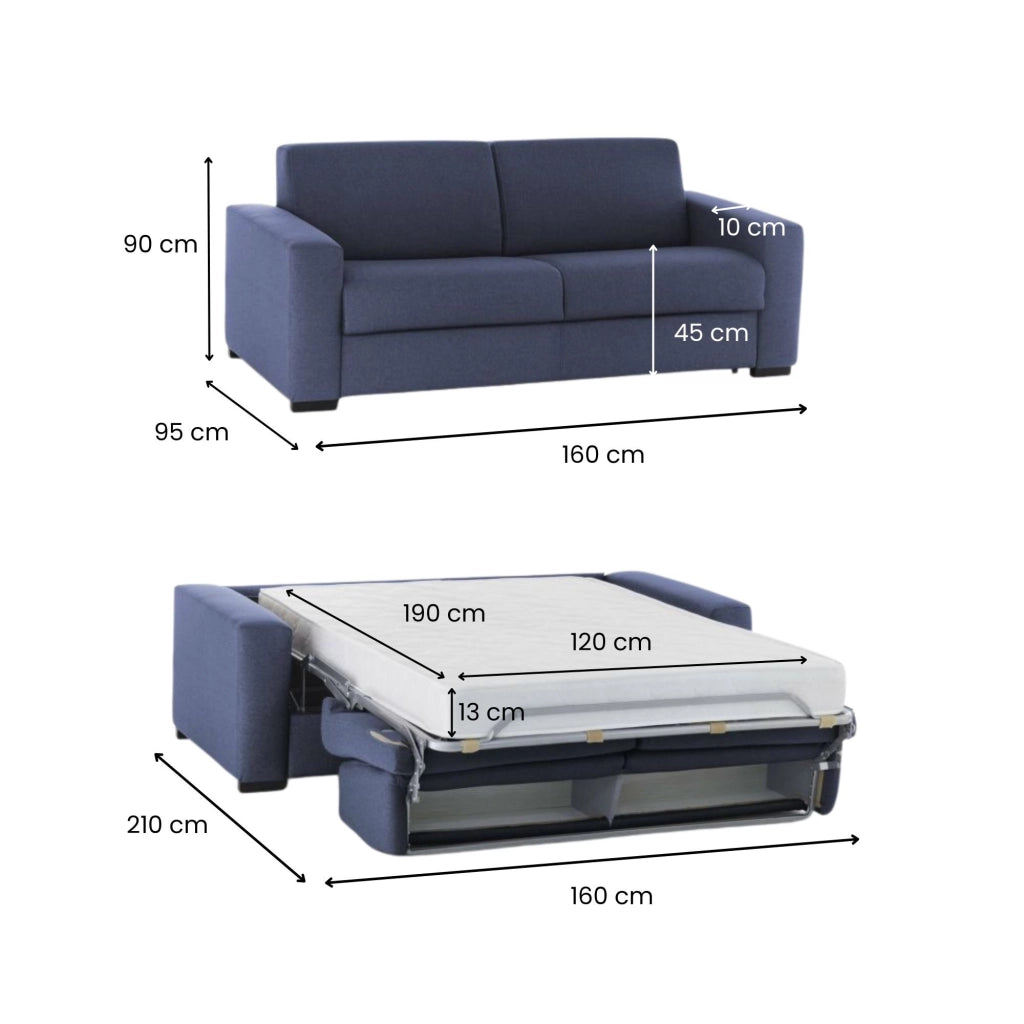 Divano Letto Alcatraz, Divano a 2 posti, Made in Italy, SofÒ  Soggiorno con apertura girevole, in tessuto imbottito, con Braccioli slim, cm 160x95h90, Blu