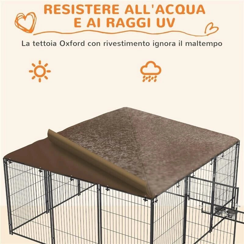 RECINTO PER CANI IN METALLO E TESSUTO OXFORD CON PORTICINA PER CIOTOLE, 211X211X151 CM, NERO E MARRONE