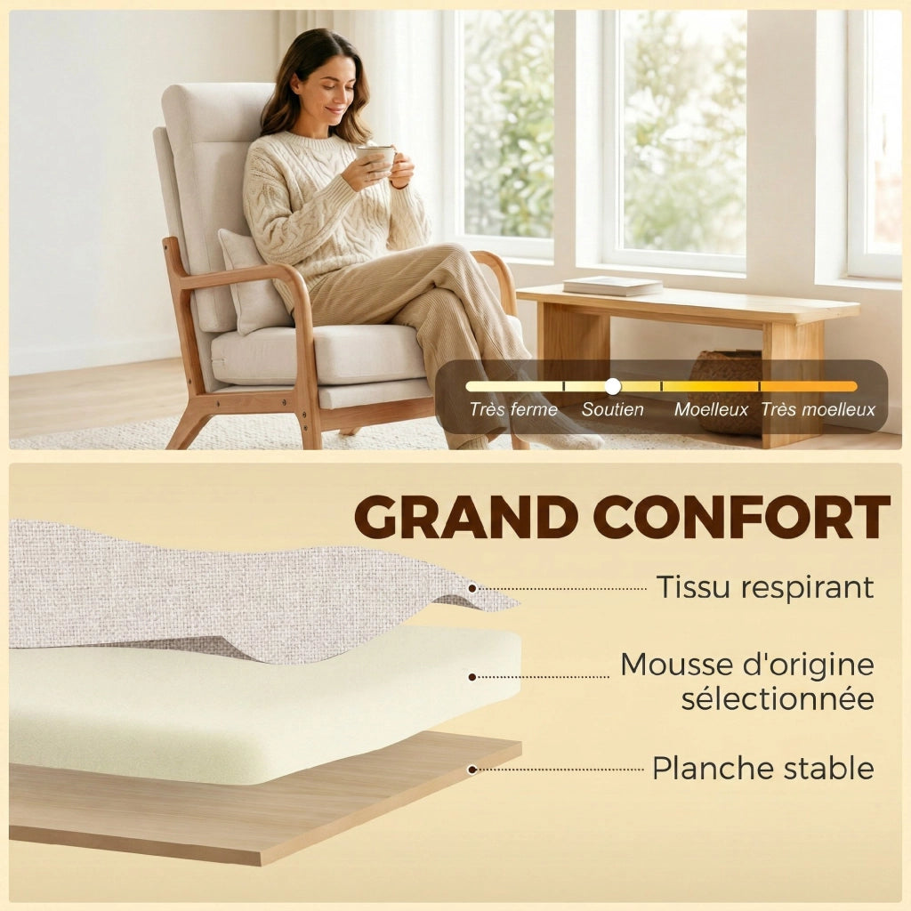 Poltrona imbottita in lino con supporto lombare ¨C zephmum ¨C crema 64x86x93
