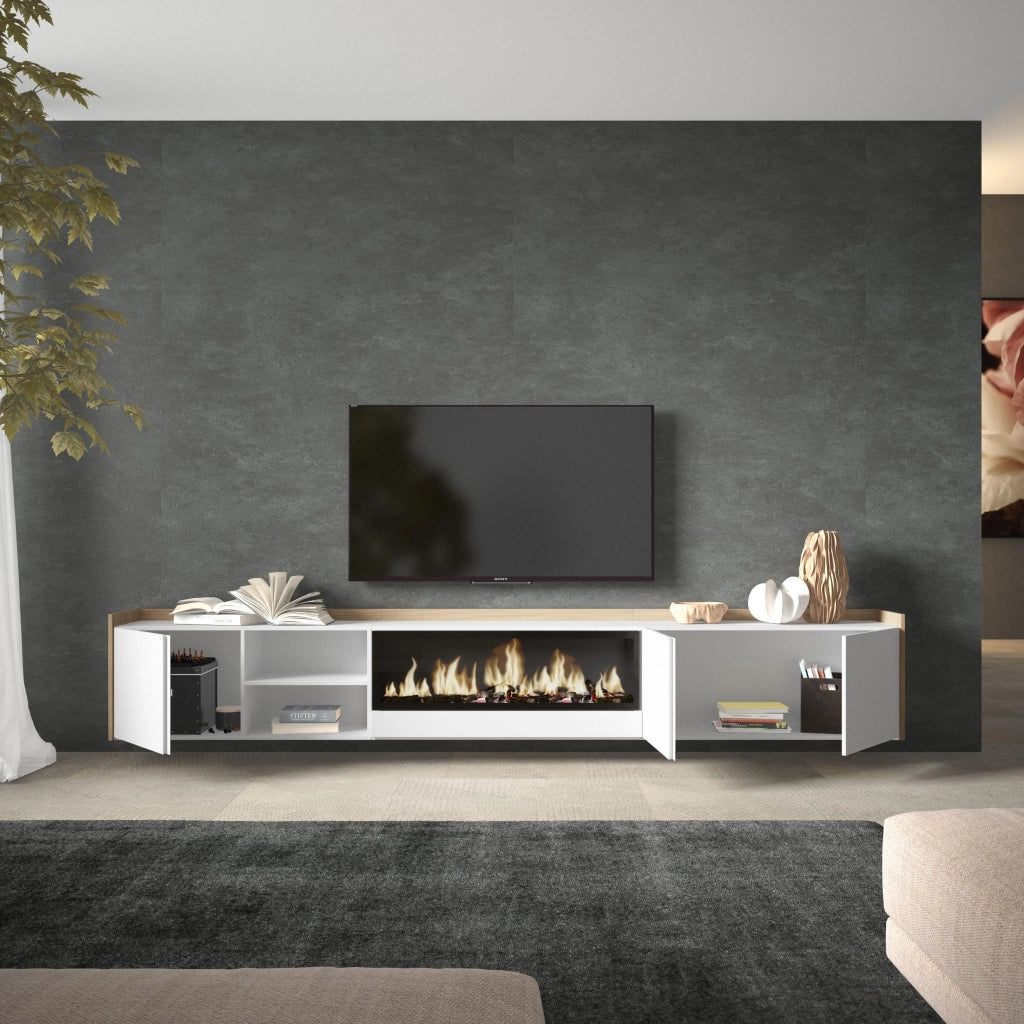 Mobile TV Soggiorno, 315x50x35 cm, Per TV fino a 80", Camino elettrico XXL, Sospeso, da appendere, Bianco e Rovere soft