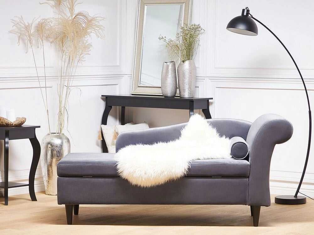 Chaise longue Rivestimento in velluto grigio con contenitore a versione destra con supporto