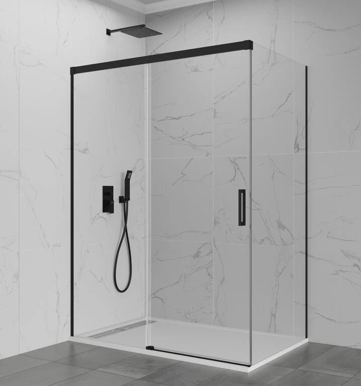 Box doccia angolare BASIC fisso + scorrevole + laterale fisso 110x90 cm (105-110/86,5-89) nero opaco vetro trasparente