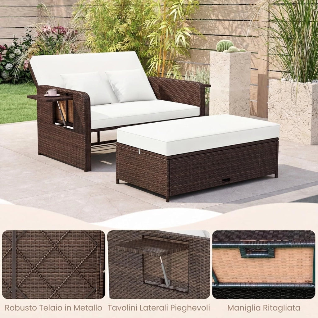 Lettino Prendisole in Rattan, Set 2 Pezzi con Divanetto & Pouf Contenitore, Schienale Regolabile a 4 Livelli e Tavolini Laterali Pieghevoli, Sdraio Doppia per Giardino e Piscina (Bianco)