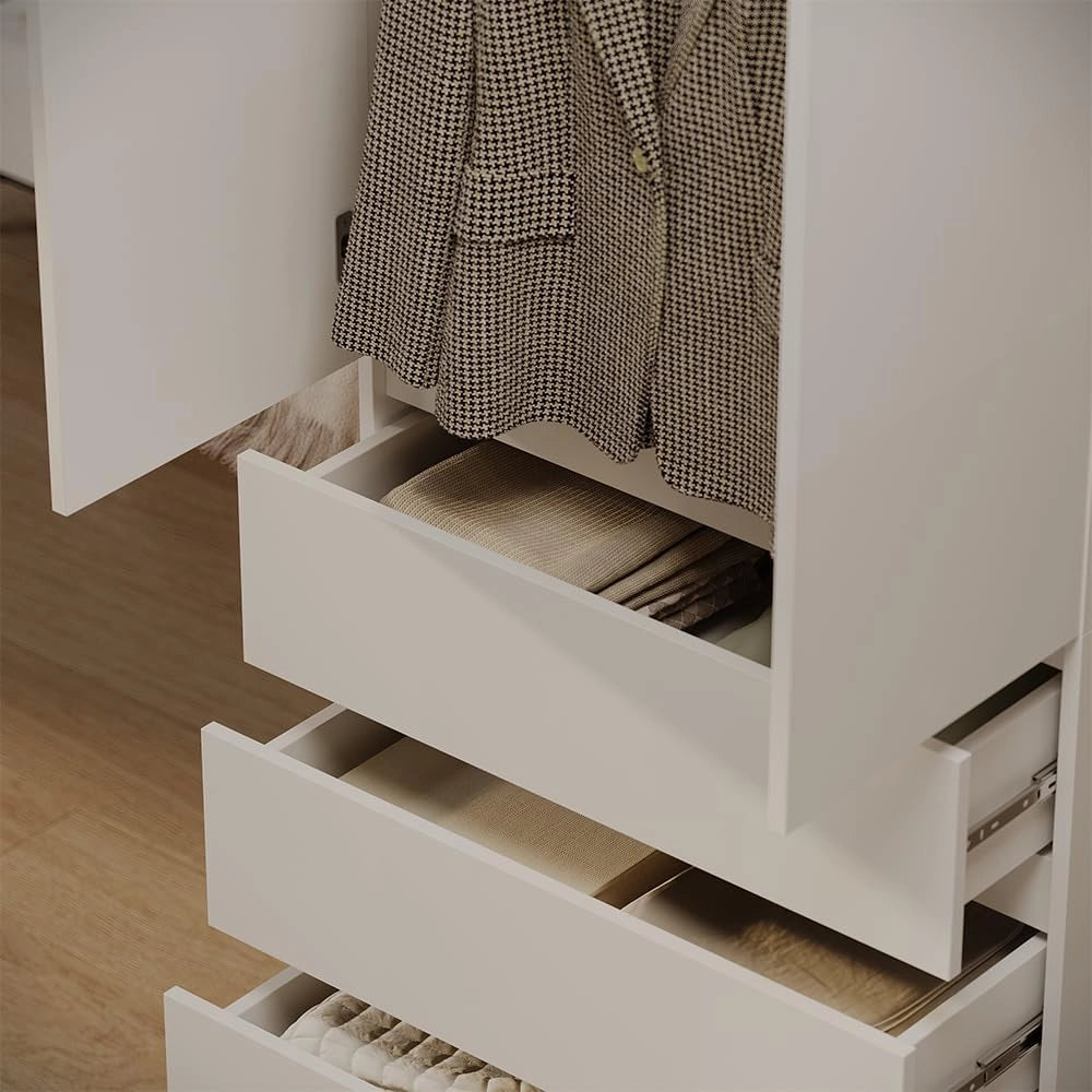 Armadio Claus, Bianco, 74 x 191.5 cm con 4 cassetti, per la conservazione di abbigliamento e tessili