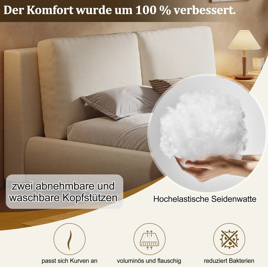 Letto matrimoniale imbottito beige in bouclé con vano contenitore