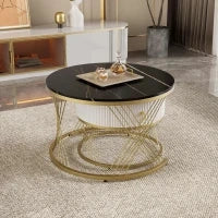 Tavolini Rotondi Modulari in Marmo Sintetico, con Dettagli Dorati e Cassetto, Dimensioni 70x70x45 cm e 50x50x40 cm, Nero e Bianco