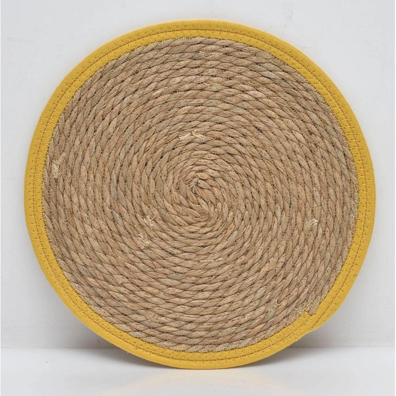 Set di 6 Tovagliette Tammy ø38 In Corda Di Paglia Naturale E Bordo In Cotone Giallo