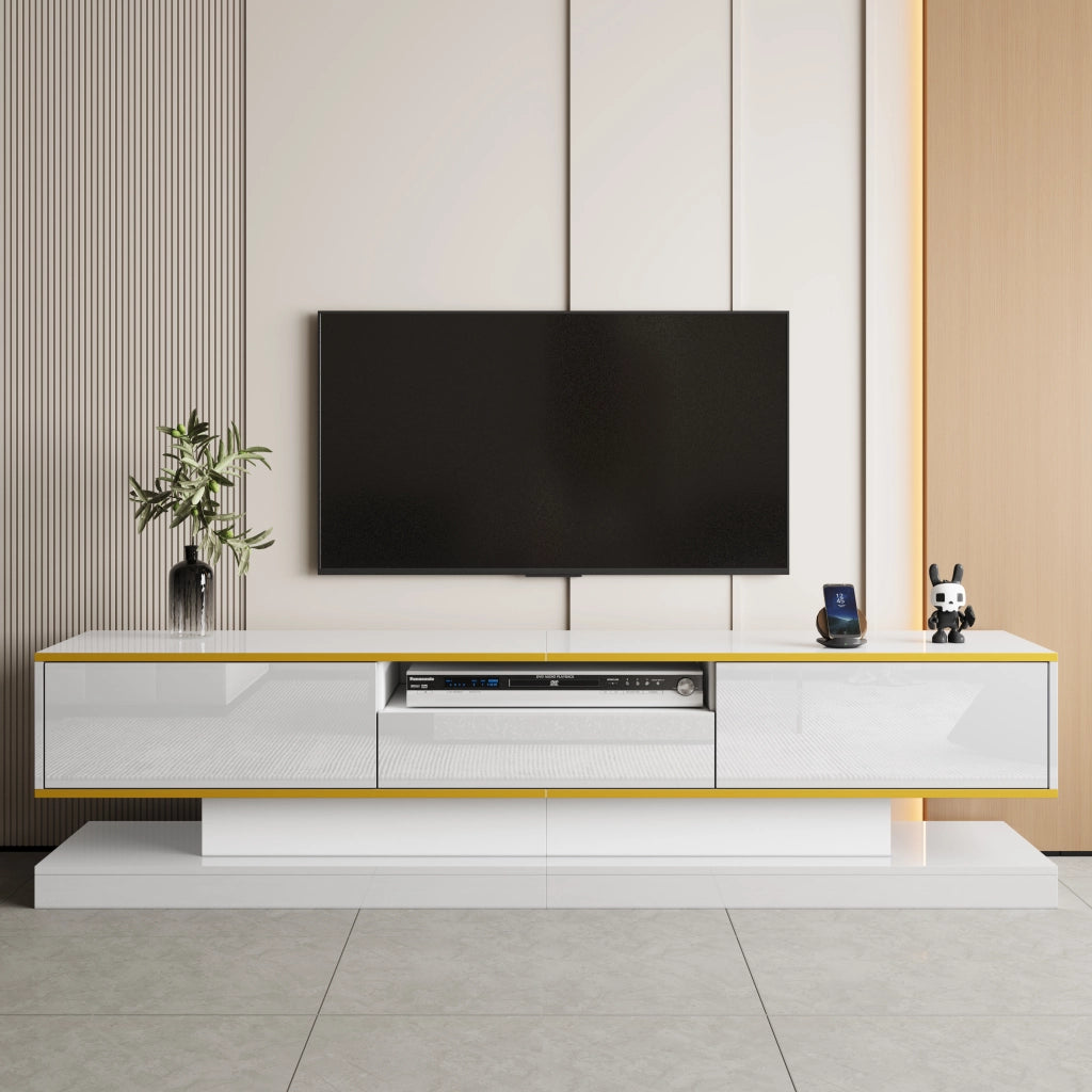 Mobile TV 180x38x45 cm; 3 cassetti con LED a colori e finitura lucida; truciolare bianco
