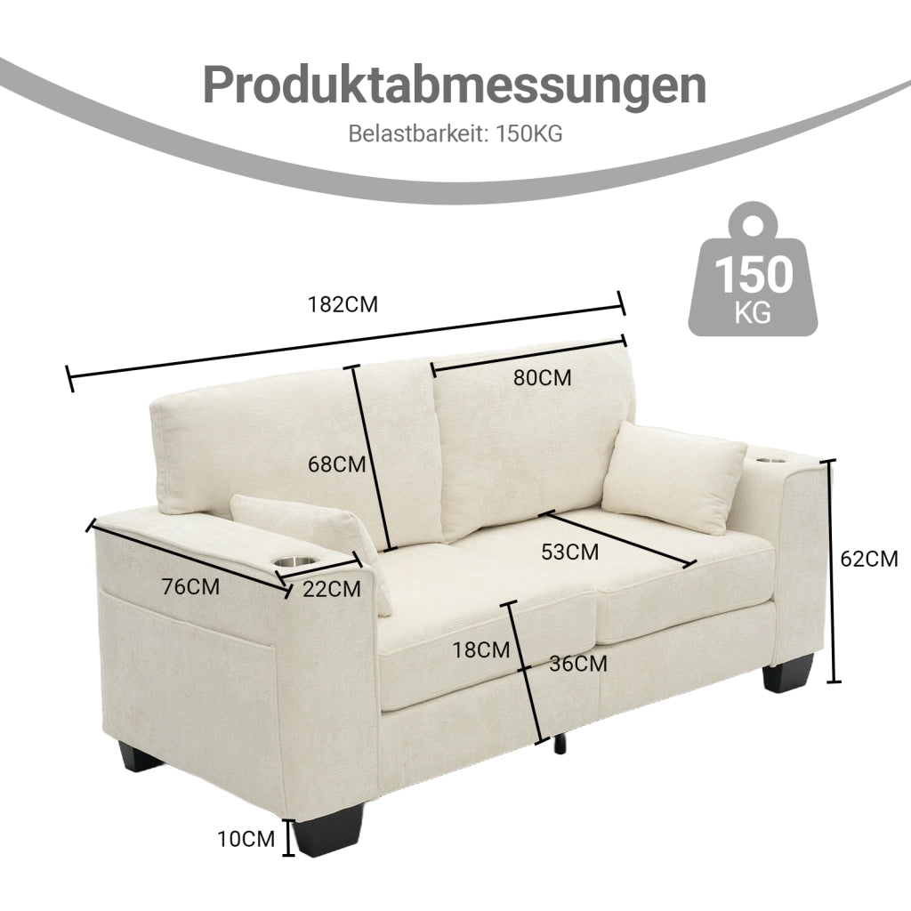 Divano lineare - con portabicchieri e tasche laterali - in chenille beige - 182 cm