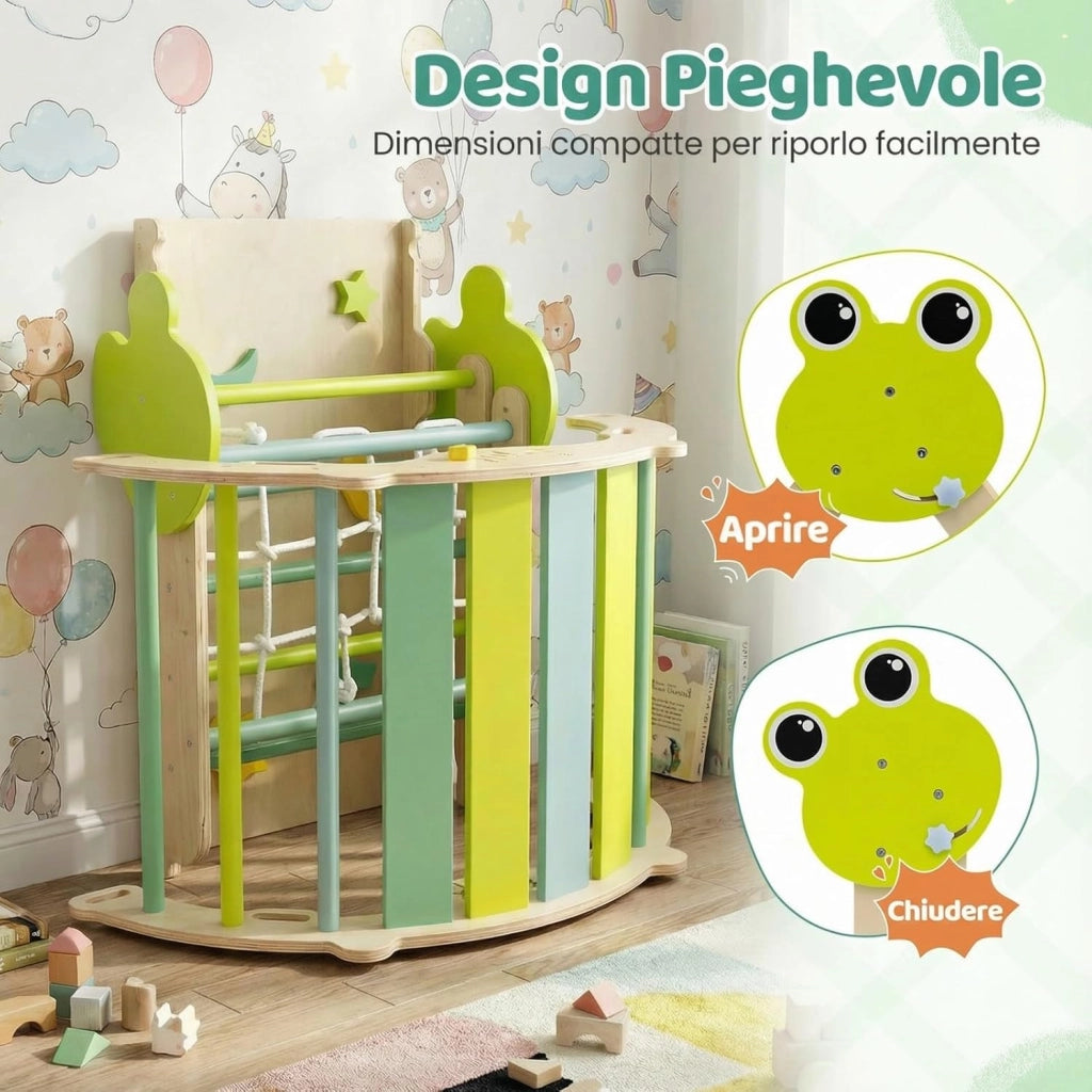 7 in 1 Set da Arrampicata per Bambini, Giocattoli da Arrampicata in Legno con Rampa Scala e Arco, Gioco del Labirinto, Giochi Montessori per Bambini 1 Anni + (Rana 3 Pezzi con Rete, Verde)