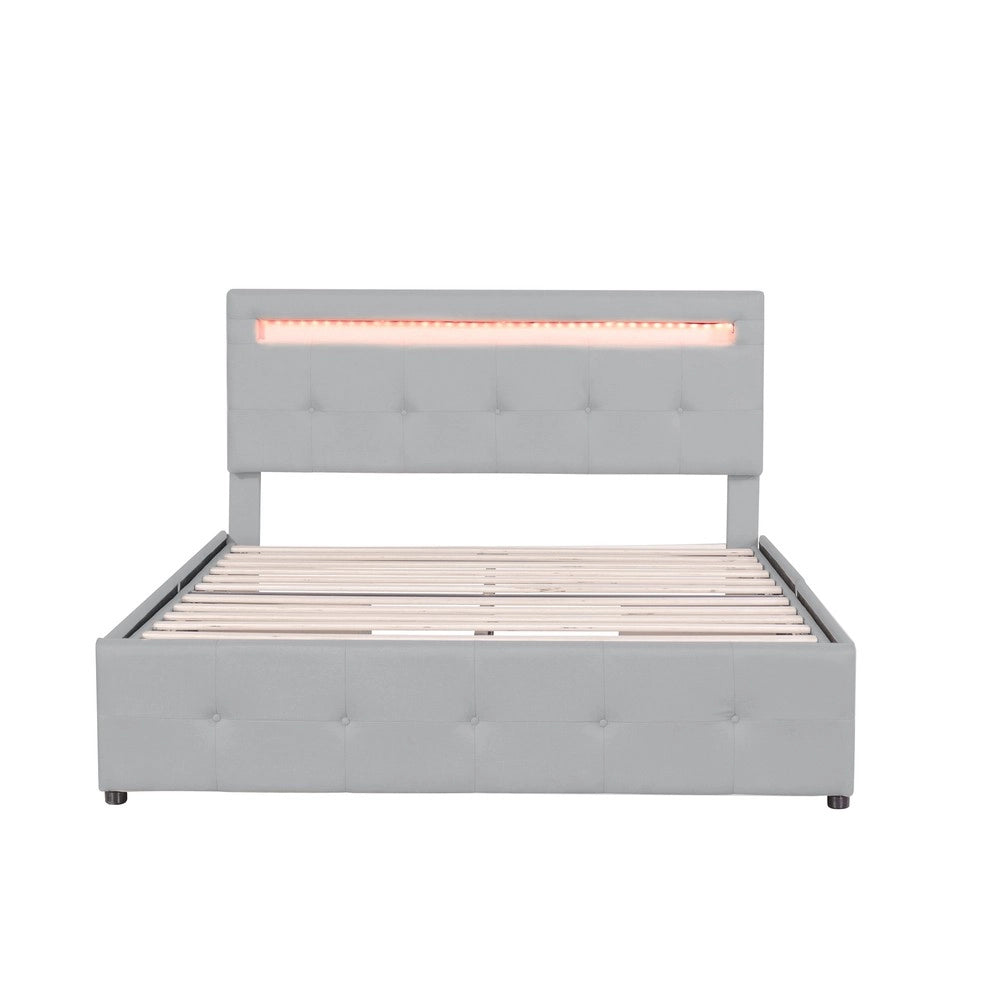 Letto Imbottito con LED, Cassetti e Contenitore ¨C MINIMAL ¨C Grigio 140x200
