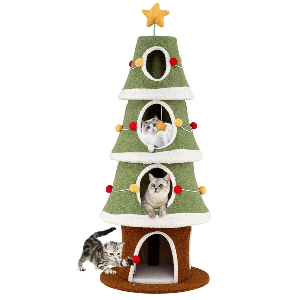 Albero di Natale per gatti con 4 condomini e tappeto sisal, Mobile per arrampicata da interno per animali 154 cm-Alberi Tiragraffi