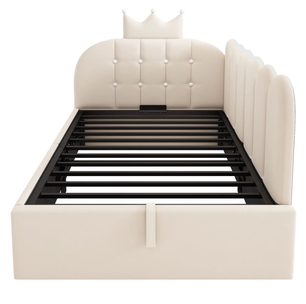 Letto da giorno contenitore 90x190 cm; design a corona e griglia; velluto beige