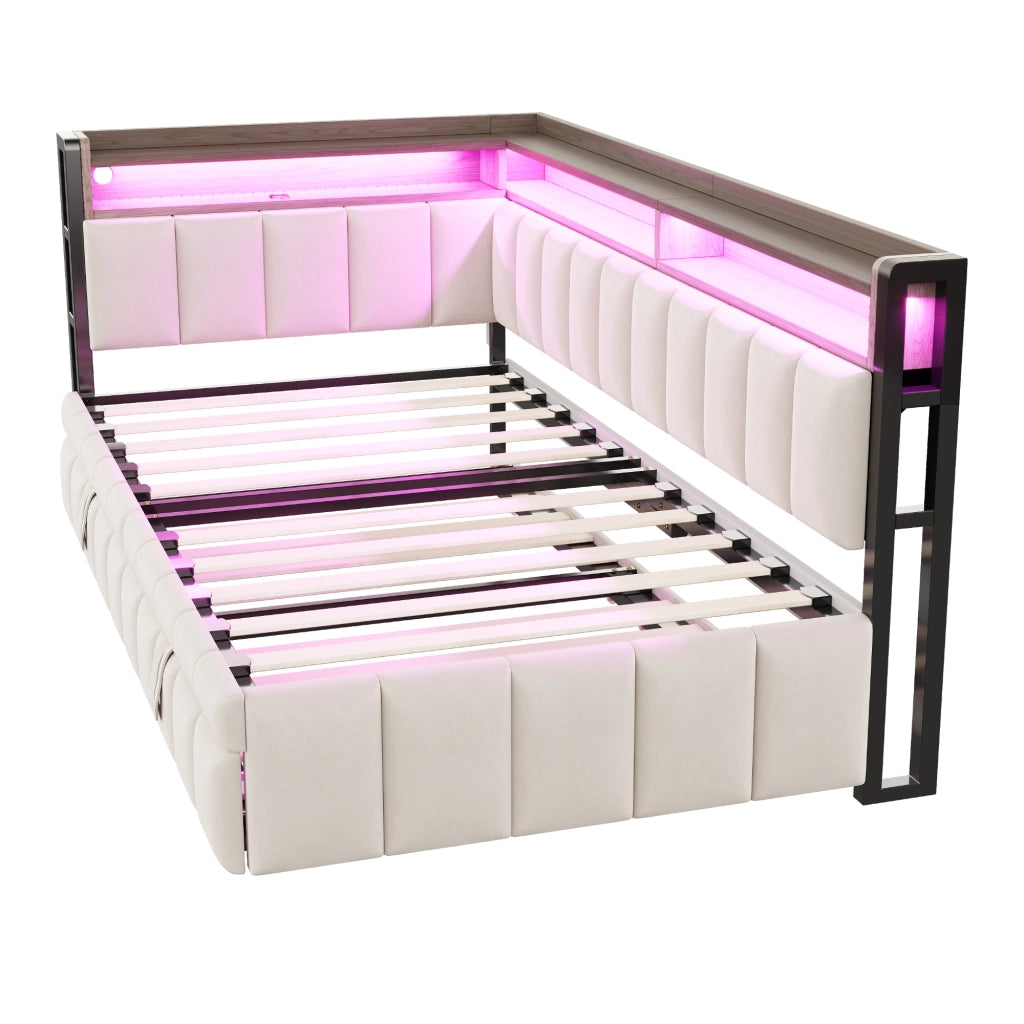 Letto estraibile singolo 90×200 cm con LED; ripiani; USB e Type-C; senza materasso; tessuto; beige