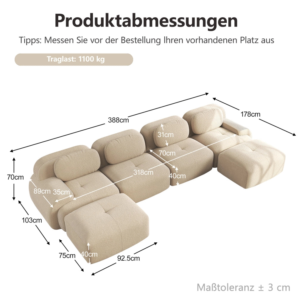 Divano angolare modulare senza montaggio in tessuto a coste beige